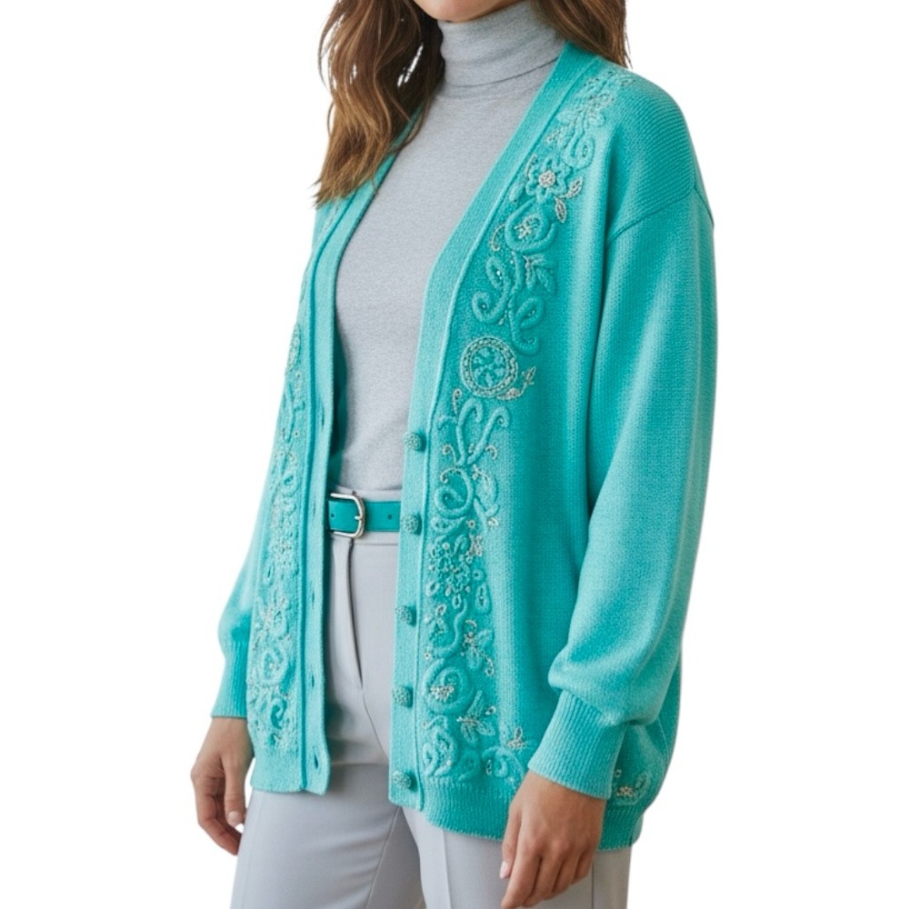 Vtg Jaclyn Smith Cardigan Knit Turquoise Embroidery Beads Buttons Sweater Sz M